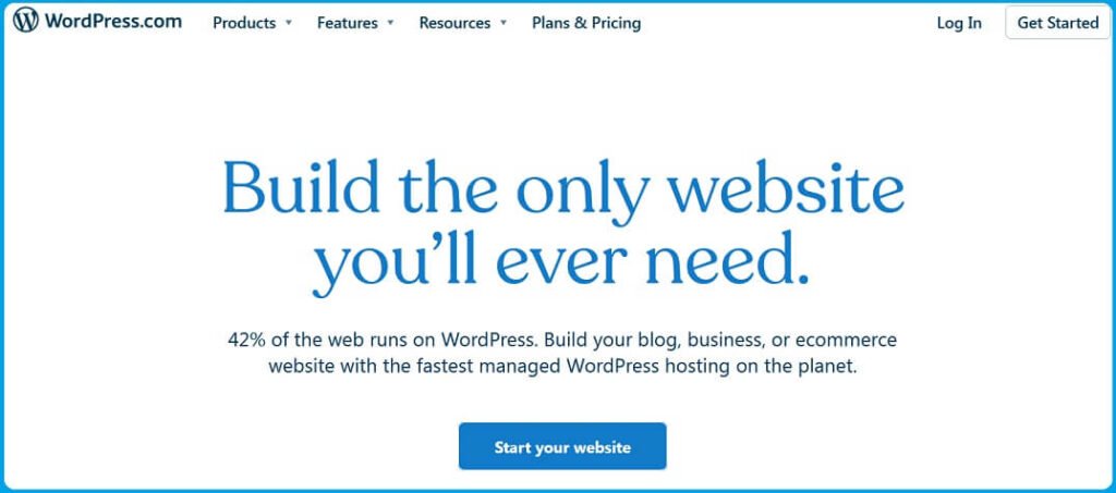 Wordpress.com website homepage with call-to-action button
